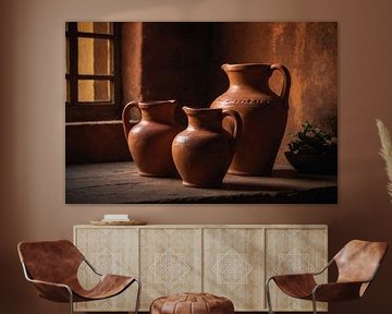 3 terracotta pitchers in warm morning light by Jan Bouma