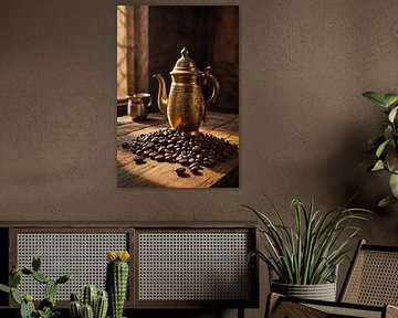 Oosterse koffiepot met koffiebonen op houten tafel van Jan Bouma