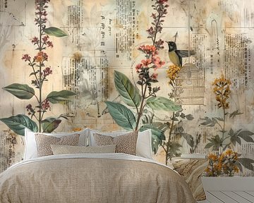 New rural, digital collage of flowers with a bird by Studio Allee