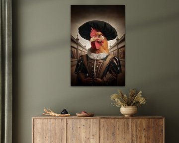 Portrait chicken in history costume by Ellen Van Loon