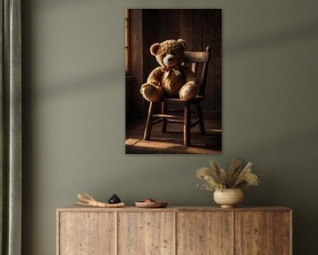 Teddy bear with bow on a wooden chair by Jan Bouma