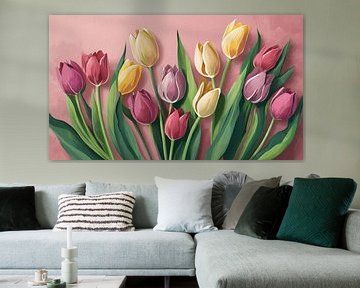 Tulipes printanières fleurs sur fond rose, peinture sur Animaflora PicsStock