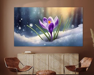 Spring crocus flowers in the snow, art design garden by Animaflora PicsStock