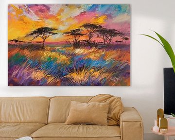 Farbenfroher Safari-Sonnenuntergang - Afrikanische Feld-Landschaft von Eva Lee