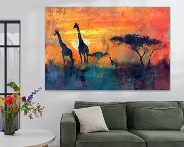 Girafes au crépuscule - Horizon abstrait safari sur Eva Lee