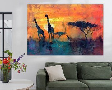 Giraffen bij Avondschemering - Abstracte Safari Horizon van Eva Lee