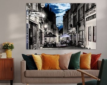 Summer evening cafes terraces French village , blue hour, vintage colours by Jan Willem de Groot Photography