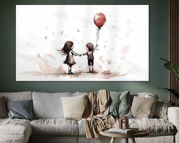 Jongen en meisje met ballon schets panorama van TheXclusive Art