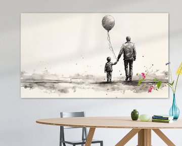 Jongen en papa met ballon schets panorama van The Xclusive Art