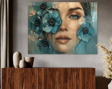 Modern portret met blauwe bloemen van Carla Van Iersel