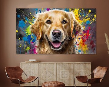 Schilderij van het gezicht van een golden retriever met kleurrijke verfspatten van Animaflora PicsStock