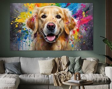 Gemälde eines Golden Retriever-Hundegesichts mit bunten Farbspritzern von Animaflora PicsStock