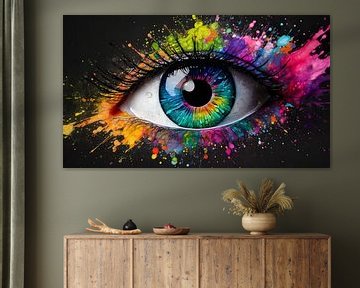 ein buntes Auge mit Farbspritzern auf schwarzem Hintergrund von Animaflora PicsStock