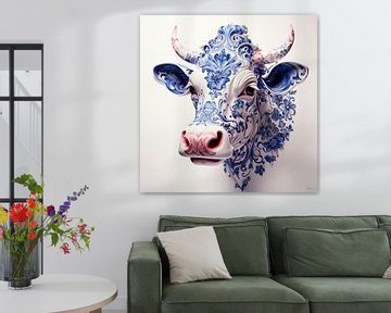 Cow in Delft Blue flowers by Lauri Creates