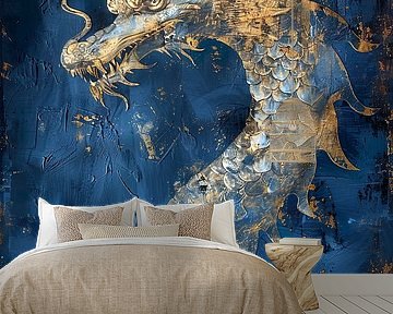 Japandi Decorative, vintage dragon in royal blue and gold by Lauri Creates