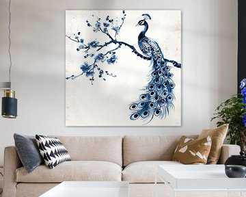 Japandi blue peacock on a branch by Lauri Creates