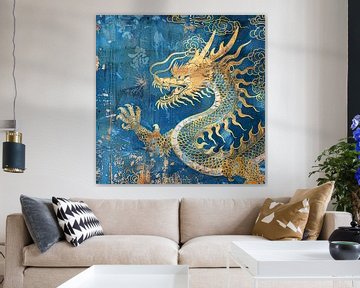 Vintage gold Drachen auf blauem Hintergrund von Lauri Creates