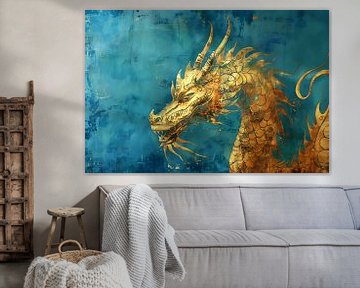 Gouden draak, vintage op blauwe achtergrond van Lauri Creates