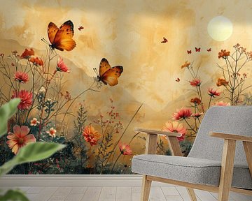 Bloemenveld met wilde bloemen en vlinders van Studio Allee