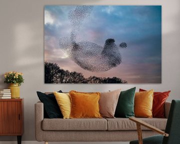 Starling murmuration in the sky during sunset by Sjoerd van der Wal Photography