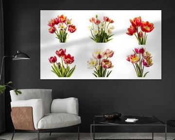 Jeu de bouquets de tulipes isolés sur fond blanc, bannière, découpé