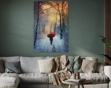 Forêt d'hiver, parapluie multicolore sur fernlichtsicht