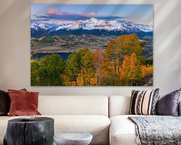 Met sneeuw bedekte Wilson Peak Herfst Zonsopgang Foto - Colorado Rocky Mountains, Aspen Forest Landscape Wall Art, Colorado Fotografie Prints van Daniel Forster