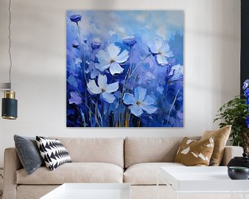 Peinture d'un champ de fleurs bleu sur Thea