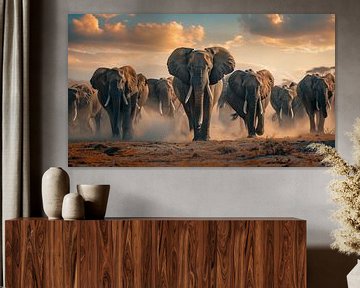 Troupeau d'éléphants panorama cinématique sur TheXclusive Art