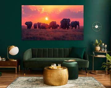 Troupeau d'éléphants dans un panorama de coucher de soleil rose sur TheXclusive Art