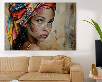 Portrait d'une jeune fille avec un tissu coloré autour de la tête
