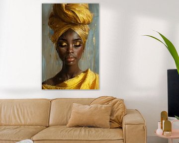 Modern and partly abstract portrait in yellow by Carla Van Iersel