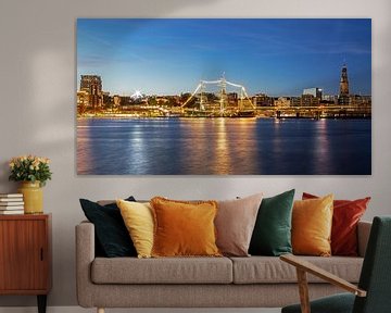 Hamburg City Skyline with museum ship Rickmer Rickmers- Panorama in the blue hour