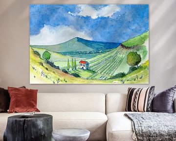 Ce petit vignoble en Toscane | Aquarelle peinte à la main sur WatercolorWall