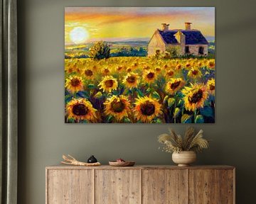 Champ de tournesols et chalet sur Jan Bouma