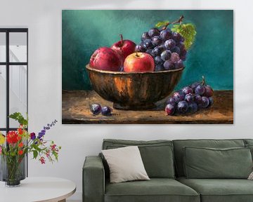 Braune Obstschale gefüllt mit Äpfeln und Weintrauben von Jan Bouma