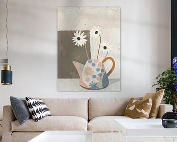 Illustration tendance d'une nature morte joyeuse avec des fleurs sur Japandi Art Studio