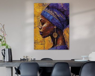 Portret van een Afrikaanse vrouw in geel en paars van Studio Allee