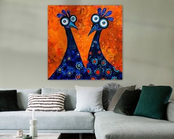 Abstract decorative funky chickens in royal blue and orange by Lauri Creates