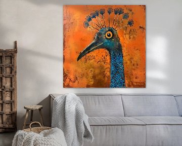 Abstract decoratieve, funky pauw in koningsblauw en oranje van Lauri Creates