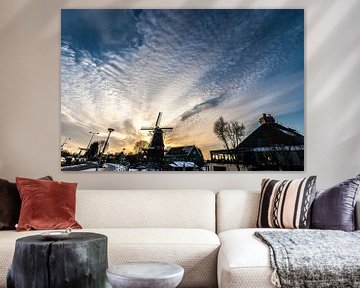 fantastic winter sky with sheep clouds a mill and sunset by Jan Willem de Groot Photography