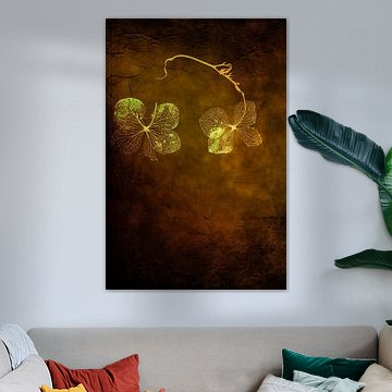 Hydrangea. Green with gold and brown. Minimalism.