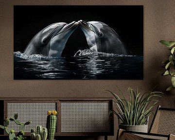 Kissing dolphins black panorama by The Xclusive Art