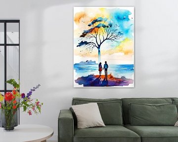 Aquarelle Couple se tenant la main sous un arbre sur TOAN TRAN