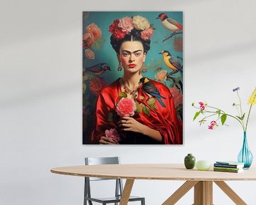 Portret Frida met vogels en rozen van Frank Daske | Foto & Design