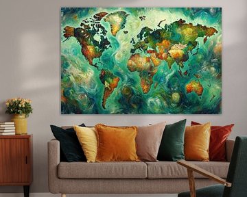 Impressionist world map in vibrant green style