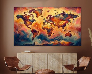 Impressionistic world map with intense colours.