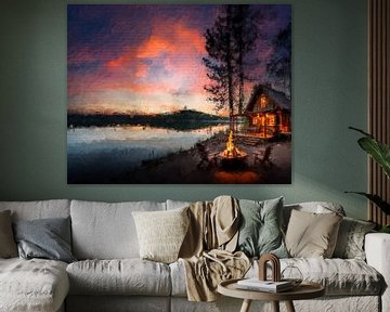 Cabane forestière avec cheminée au bord d'un lac au crépuscule (art) sur Art by Jeronimo