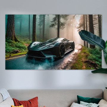 Black sports car in the forest