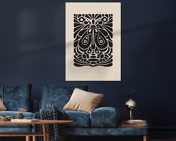 Grafische kunst Nachtvlinder – Zwart Beige – Muur galerie - Minimalistisch interieur - Abstract van Design by Pien
